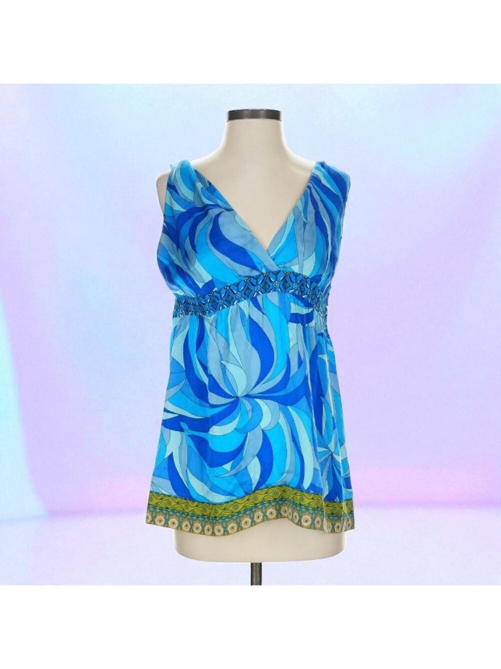 HALE BOB Blue Graphic Print Satin Tank Top Size Small